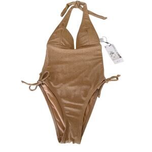 Primark Gold Metallic 1Pc Swimsuit Size 2 XS Glam Halter NWT